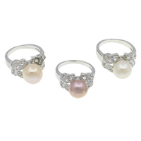 Freshwater Pearl fingerring, Messing, med perle, messing karabinlås, med 5.5cm extender kæde, Flad Rund, platin farve forgyldt, med cubic zirconia, blandede farver, nikkel, bly & cadmium fri, 10-11mm, 22x30x12mm, Størrelse:7.5, 36pc'er/Box, Solgt af Box