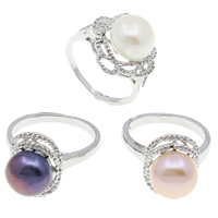 Sötvatten Pearl Finger Ring, Mässing, med pärla, mässing Karbinlås, platina pläterad, blandad, nickel, bly och kadmium gratis, 10-11mm, 21x31x17mm-21x31x19mm, 210x140x33mm, Storlek:9, 36PC/Box, Säljs av Box