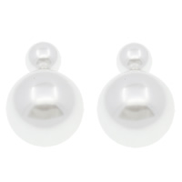 Pendientes de Doble Bola, Nácar de mar del sur, latón aguja de pendiente, Esférico, Blanco, 8mm, 16x24mm, Vendido por Par