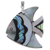 Naturlig Mosaic Shell Pendler, Black Shell, med messing kaution & Freshwater Shell & Abalone Shell & Resin, Fisk, platin farve forgyldt, 40x47x4mm, Hole:Ca. 4x5mm, 10pc'er/Bag, Solgt af Bag