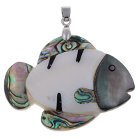 Naturlig Mosaic Shell Pendler, Freshwater Shell, med messing kaution & Black Shell & Abalone Shell, Fisk, platin farve forgyldt, 51x40x5mm, Hole:Ca. 4x6mm, 10pc'er/Bag, Solgt af Bag