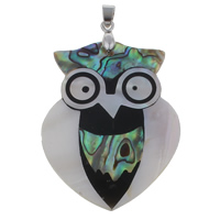 Naturlig Mosaic Shell Pendler, Freshwater Shell, med messing kaution & Abalone Shell & Resin, Owl, platin farve forgyldt, 40x52x4mm, Hole:Ca. 4x5mm, 10pc'er/Bag, Solgt af Bag