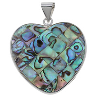 Naturlig Mosaic Shell Pendler, Abalone Shell, med Freshwater Shell & Zinc Alloy, Heart, platin farve forgyldt, mosaik, 36x38x5mm, Hole:Ca. 4x6mm, 10pc'er/Bag, Solgt af Bag