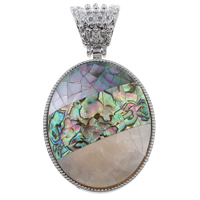 Naturlig Mosaic Shell Pendler, Freshwater Shell, med Black Shell & Abalone Shell & Zinc Alloy, Flad Oval, platin farve forgyldt, 43x60x8mm, Hole:Ca. 8x12mm, 10pc'er/Bag, Solgt af Bag