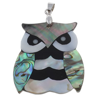 Naturlig Mosaic Shell Pendler, Freshwater Shell, med messing kaution & Black Shell & Abalone Shell & Resin, Owl, platin farve forgyldt, 42x46x4mm, Hole:Ca. 4x6mm, 10pc'er/Bag, Solgt af Bag