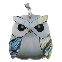 Naturlig Mosaic Shell Pendler, Black Shell, med messing kaution & Freshwater Shell & Abalone Shell & Resin, Owl, platin farve forgyldt, 39x44x4mm, Hole:Ca. 4x6mm, 10pc'er/Bag, Solgt af Bag