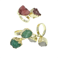 Druzy Vinger ring, Messing, met Ijs Quartz Agaat, gold plated, Druzy stijl, gemengde kleuren, nikkel, lood en cadmium vrij, 15x14x12mm, Maat:6.5, 3pC's/Bag, Verkocht door Bag