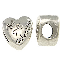 Zinc Alloy European perler, Heart, ord være min valentine, antik sølv farve forgyldt, med bogstavet mønster & uden trold, nikkel, bly & cadmium fri, 10x10x8mm, Hole:Ca. 5mm, 100pc'er/Lot, Solgt af Lot