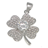 Terningformet Zirkon Micro Pave Messing vedhæng, Four Leaf Clover, platineret, Micro Pave cubic zirconia, nikkel, bly & cadmium fri, 17x21.50x5.50mm, Hole:Ca. 3.5x4mm, 5pc'er/Lot, Solgt af Lot