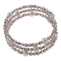 Memory Wire armband, Freshwater Pearl, med Kristall & Järn, Potatis, naturlig, pärlstav armband & 3-slagen & fasetterad, vit, 8-9mm, 4.5x4mm, Innerdiameter:Ca 55mm, Längd Ca 6.5 inch, Säljs av PC