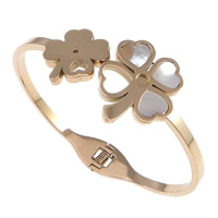 316L Stainless Steel Bangle, med White Shell, Four Leaf Clover, rosa guld farve forgyldt, 15x18x3mm,20x24x3mm,3mm, Indvendig diameter:Ca. 60x49mm, Længde Ca. 7.5 inch, 12pc'er/Lot, Solgt af Lot