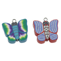 Polymer Clay Pendler, med jern kaution, Butterfly, håndlavet, blandede farver, 23x25x5mm, Hole:Ca. 3.5mm, 100pc'er/Bag, Solgt af Bag