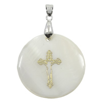 Naturliga Vit Shell Halsband, White Shell, med mässing bail, Flat Round, med cross mönster & guld accent, 35x3mm, Hål:Ca 4x6mm, 10PC/Bag, Säljs av Bag