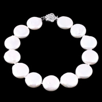 Sötvatten odlade Pearl Bracelet, Freshwater Pearl, mässing låda spänne, Coin, naturlig, vit, 12-13mm, Såld Per Ca 7.5 inch Strand