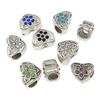 Zinc Alloy European perler, Heart, antik sølv farve forgyldt, uden trold & med rhinestone, flere farver til valg, 12x10x8mm, Hole:Ca. 4.5mm, 200pc'er/Lot, Solgt af Lot