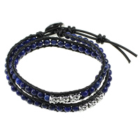 Bracelet châle , lapis lazuli naturel, avec Ciré de coton & alliage de zinc, acier inoxydable fermoir, Placage de couleur platine, réglable & 2 fils, protéger l'environnement, sans nickel, plomb et cadmium, 7mm, 4mm, 7x5x6mm, Longueur 14-15 pouce, 5Strandstoron/lot, Vendu par lot