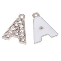 Pendentif alphabet en zinc, alliage de zinc, Lettre A, Placage de couleur platine, émail & avec strass, protéger l'environnement, sans nickel, plomb et cadmium, 14x17x2mm, Trou:Environ 1mm, 100PC/sac, Vendu par sac