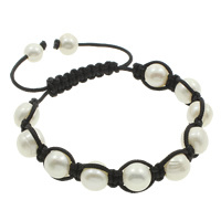 Freshwater Pearl Woven Ball Armbånd, Ferskvandsperle, med Nylonsnor, Kartoffel, naturlig, justerbar, hvid, 10-11mm, Solgt Per Ca. 7.5 inch Strand