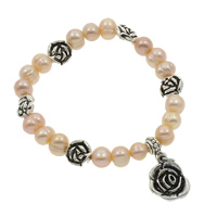 Sötvatten odlade Pearl Bracelet, Freshwater Pearl, med Zink Alloy, Blomma, naturlig, charm armband, rosa, 8-9mm, 9x10x4mm, 13x17x3mm, Såld Per Ca 6 inch Strand