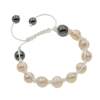 Freshwater Pearl Woven Ball armband, med Nylontråd & Hematit, Potatis, naturlig, justerbar, rosa, 10-11mm, Såld Per Ca 6 inch Strand