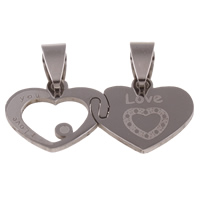 Acier inoxydable pendentifs couple, coeur, mot je t'aime, pour le couple, couleur originale, 32x16x1mm, Trou:Environ 4x9mm, 10pairescouple/sac, Vendu par sac