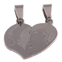 Acier inoxydable pendentifs couple, coeur, mot t'aime, pour le couple, couleur originale, 25x24x1mm, Trou:Environ 4x9mm, 10pairescouple/sac, Vendu par sac