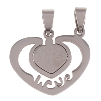 Acier inoxydable pendentifs couple, coeur, mot amour, pour le couple, couleur originale, 29x26x1mm, Trou:Environ 4x9mm, 10pairescouple/sac, Vendu par sac