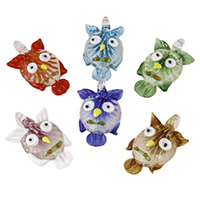 Inner Blomma Lampwork Häng, Owl, handgjord, inre blomma, blandade färger, 30x42x15mm, Hål:Ca 6-7mm, 12PC/Bag, Säljs av Bag