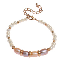 Sötvatten odlade Pearl Bracelet, Freshwater Pearl, med Mässing, med 5cm extender kedja, steg guldfärg pläterade, pärlstav armband, 5-6mm, 7-8mm, Såld Per Ca 6 inch Strand