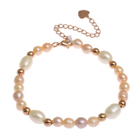 Sötvatten odlade Pearl Bracelet, Freshwater Pearl, med Mässing, med 5cm extender kedja, steg guldfärg pläterade, pärlstav armband & med 925 logotyp, 5x6mm, 7-8mm, Såld Per Ca 6.5 inch Strand