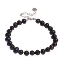 Pulseras de Perlas Freshwater, Perlas cultivadas de agua dulce, latón cierre de langosta, con 5cm extender cadena, Patata, pulsera de cuentas, Negro, 7-8mm, Vendido para aproximado 6.5 Inch Sarta