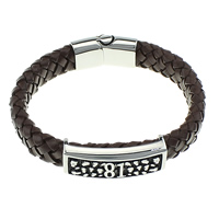 Unisex Bracelet, cuir de peau de vache, avec acier inoxydable, noircir, brun, 12mm, 29x14x8mm, 39x15x10mm, Vendu par Environ 8.5 pouce brin