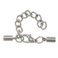 Mässing Lobster Claw Cord Lås, platina pläterad, med ändlock, nickel, bly och kadmium gratis, 33mm, 9x4mm, Hål:Ca 3.5mm, 100PC/Lot, Säljs av Lot