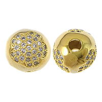 Abalorios de Micro Pavé de Zirconía Cúbica en Latón, metal, Esférico, chapado en oro real, con patrón de flores & micro arcilla de zirconia cúbica, 10mm, agujero:aproximado 2.5mm, 5PCs/Grupo, Vendido por Grupo