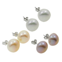 Freshwater Pearl øreringe, Ferskvandsperle, messing ørering indlæg, Dome, naturlig, med 925 logo, flere farver til valg, 11-12mm, 5par/Bag, Solgt af Bag