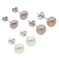 Freshwater Pearl øreringe, Ferskvandsperle, messing ørering indlæg, Dome, naturlig, med 925 logo, flere farver til valg, 6-7mm, 10par/Bag, Solgt af Bag