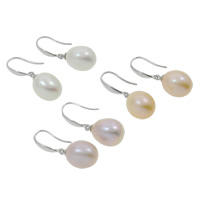 Freshwater Pearl øreringe, Ferskvandsperle, messing ørering krog, Ris, naturlig, flere farver til valg, 9-10mm, Solgt af par