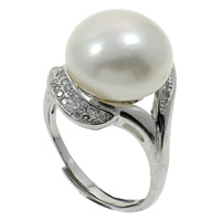 Freshwater Pearl fingerring, Ferskvandsperle, med Messing, Button, naturlig, justerbar & Micro Pave cubic zirconia, hvid, 13-14mm, 20x19x19mm, Størrelse:6.5, 3pc'er/Bag, Solgt af Bag