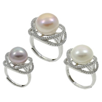 Slatkovodni Pearl Finger Ring, s Mesing, prirodan, s 925 logo & prilagodljiv & micro utrti kubni cirkonij, više boja za izbor, 12-13mm, 20x30x16mm, Veličina:5, Prodano By PC