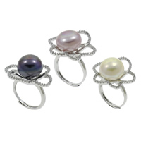 Anillos de Perlas de Freshwater, Perlas cultivadas de agua dulce, con metal, Flor, natural, con logo 925 & ajustable & micro arcilla de zirconia cúbica, más colores para la opción, 13-14mm, 26x32x22mm, tamaño:5, Vendido por UD