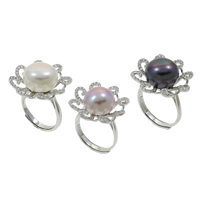 Sötvatten Pearl Finger Ring, Freshwater Pearl, med Mässing, Blomma, naturlig, justerbar & micro bana cubic zirconia, fler färger för val, 12-13mm, 21x31mm, Storlek:5, Säljs av PC