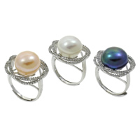 Freshwater Pearl fingerring, Ferskvandsperle, med Messing, Flower, naturlig, justerbar & Micro Pave cubic zirconia, flere farver til valg, 13-14mm, 21x29x18mm, Størrelse:6.5, Solgt af PC