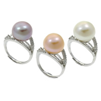 Slatkovodni Pearl Finger Ring, s Mesing, Kupola, prirodan, s 925 logo & prilagodljiv & micro utrti kubni cirkonij, više boja za izbor, 12-13mm, 20x30x13mm, Veličina:6.5, Prodano By PC