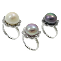 Sötvatten Pearl Finger Ring, Freshwater Pearl, med Mässing, Blomma, naturlig, justerbar & micro bana cubic zirconia, fler färger för val, 13-14mm, 19x30x18mm, Storlek:5, Säljs av PC