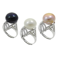 Sötvatten Pearl Finger Ring, Freshwater Pearl, med Mässing, Dome, naturlig, justerbar & micro bana cubic zirconia, fler färger för val, 13-14mm, 19x29x24mm, Storlek:6.5, Säljs av PC