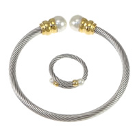 Parures de bijoux en acier inoxydable, bracelet & bague, anneau, avec perle de plastique, Placage, deux tons, 10mm, 4mm, 2.5mm, 4mm, Diamètre intérieur:Environ 60x51mm, Taille:7, Longueur Environ 7 pouce, 6ensemblessérie/lot, Vendu par lot