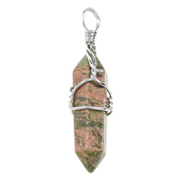 Unakite Medálok, -val Sárgaréz, inga, platina színű bevont, természetes, nikkel, ólom és kadmium mentes, 8x39x8mm, Lyuk:Kb 3x4mm, 5PC-k/Bag, Által értékesített Bag