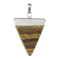 Tiger Eye Pendler, med Messing, Triangle, platin farve forgyldt, naturlige, nikkel, bly & cadmium fri, 25x35x4mm, Hole:Ca. 5x7mm, 10pc'er/Bag, Solgt af Bag