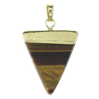 Tiger Eye Pendler, med Messing, Triangle, guldfarve belagt, naturlige, nikkel, bly & cadmium fri, 25x35x4mm, Hole:Ca. 5x7mm, 10pc'er/Bag, Solgt af Bag