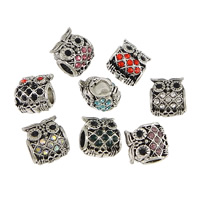 Zinc Alloy European perler, Owl, sølvfarvet forgyldt, uden trold & med rhinestone & sværte, blandede farver, nikkel, bly & cadmium fri, 10x11.50x9mm, Hole:Ca. 4.5mm, 100pc'er/Lot, Solgt af Lot